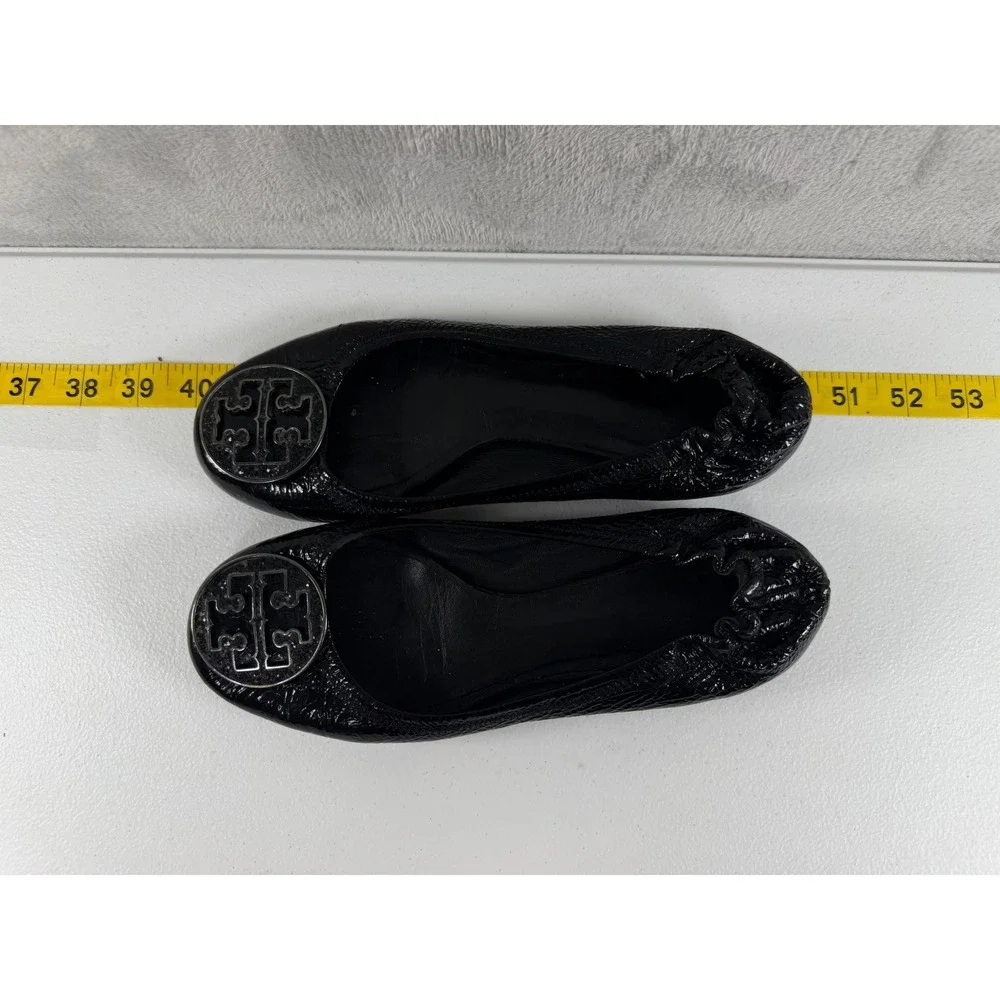 Tory Burch Reva Ballet Flats Women 7 Black Patent Leather Logo Glitter Medallion
